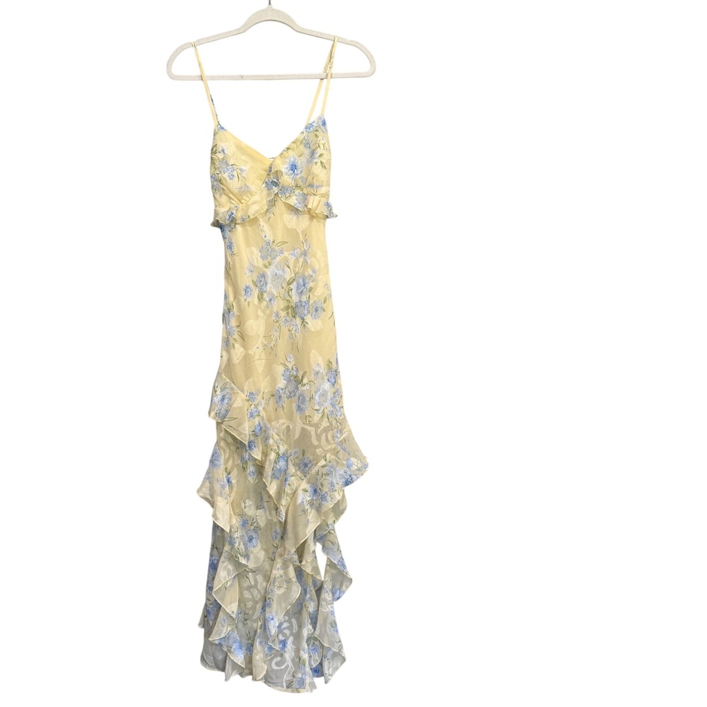 Thirty Thirty LA Yellow Floral Ruffle High Low Maxi Dress Small romantic fairy